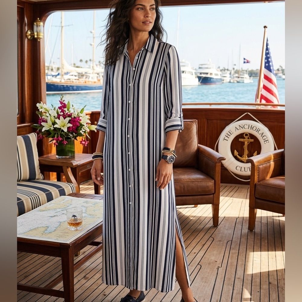 Tommy Bahama Striped Long Sleeve Shirt Dress L Navy White Resort Boho fisherman